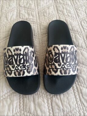 Cavalli Class Black Slides with Leopard Print Straps